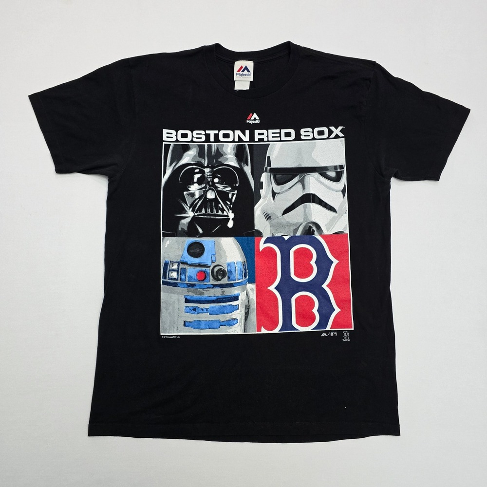 Boston Red Sox Star Wars T Shirt Majestic Mens Large Black Darth Vader R2D2 MLB‎